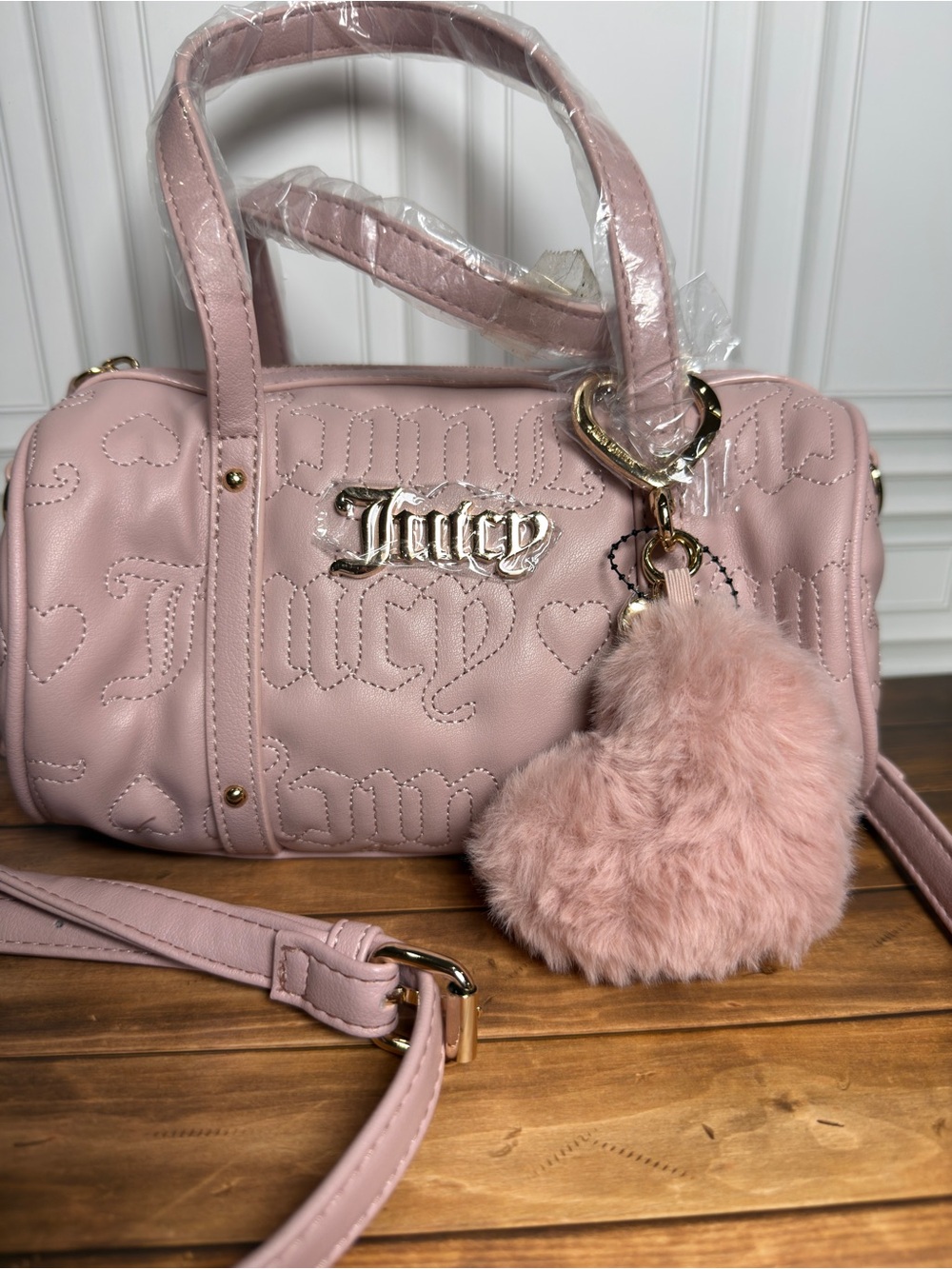 Juicy Couture Blush Pink Quilted Logo Mini Satchel with Pom Charm